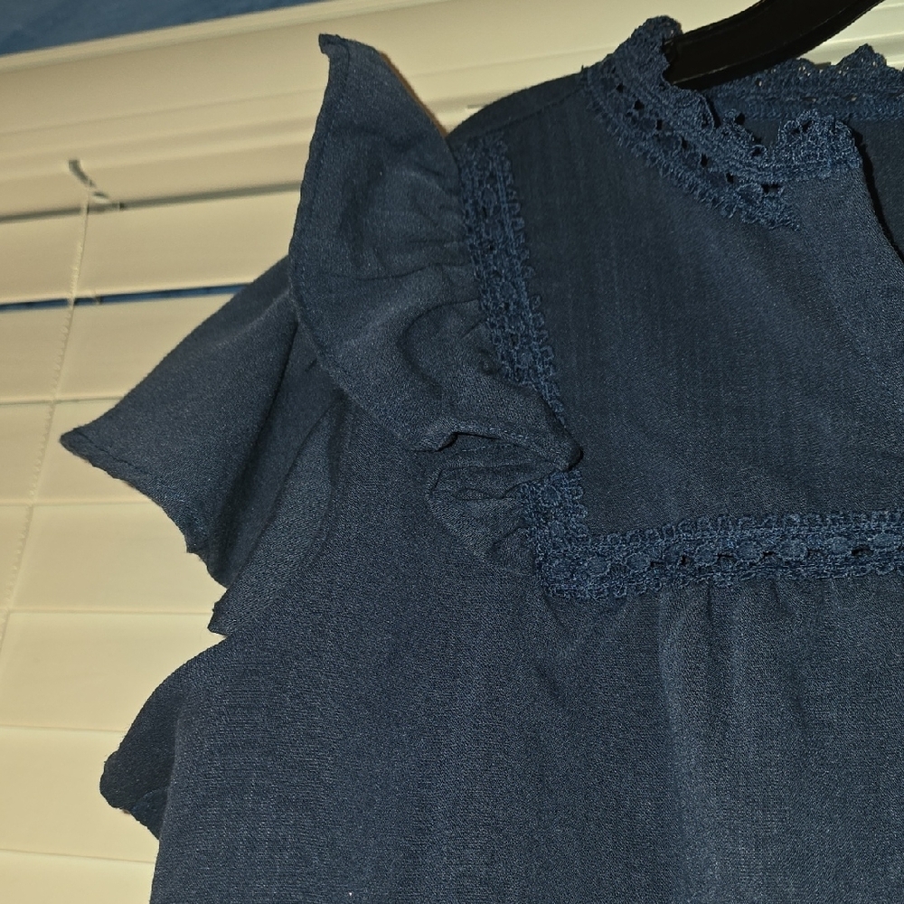 *Navy Ruffle Sleeve V-Neck Blouse - Picture 4 of 5